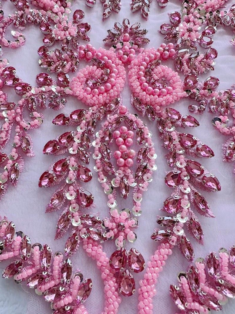 PLune Handmade Shiny Rhinestones Applique handsewing Beaded Sequins Crystal on lace Trim Patches for Prom Dress Clothing Decorative Accessories (Pink) - Image 3